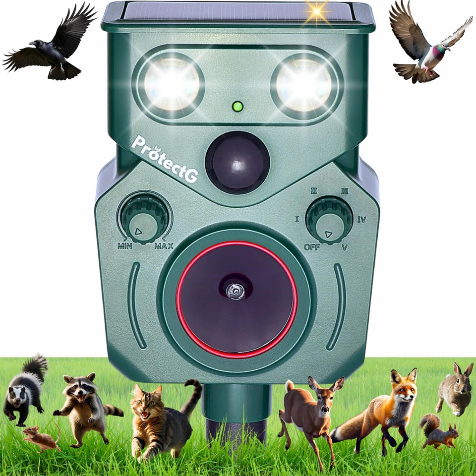 ProtectG Solar Ultrasonic Animal Repellent front view deters wildlife with compact, weatherproof design.