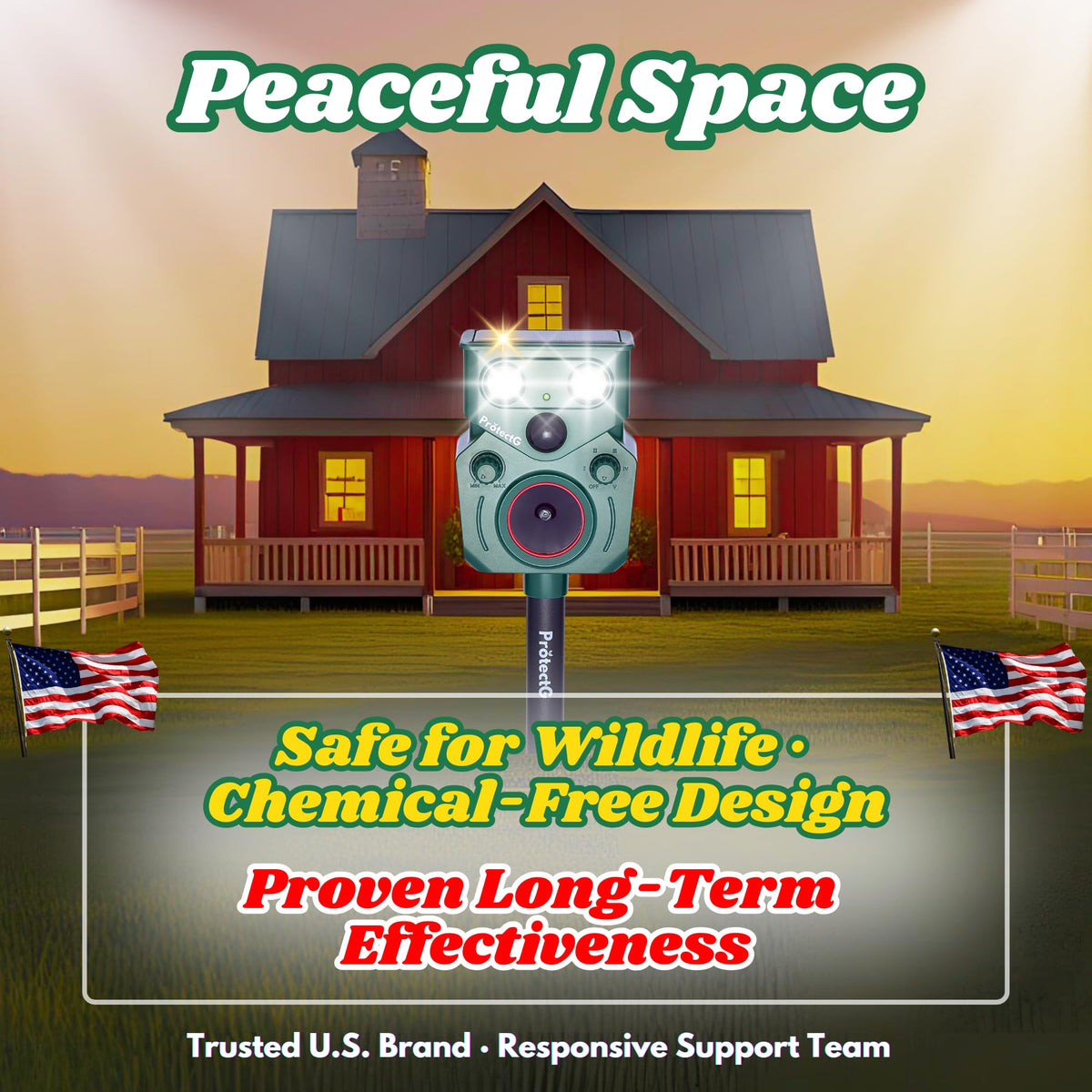 ProtectG Solar Ultrasonic Animal Repellent LED flash activates at dusk to deter wildlife.