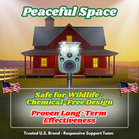 ProtectG Solar Ultrasonic Animal Repellent LED flash activates at dusk to deter wildlife.