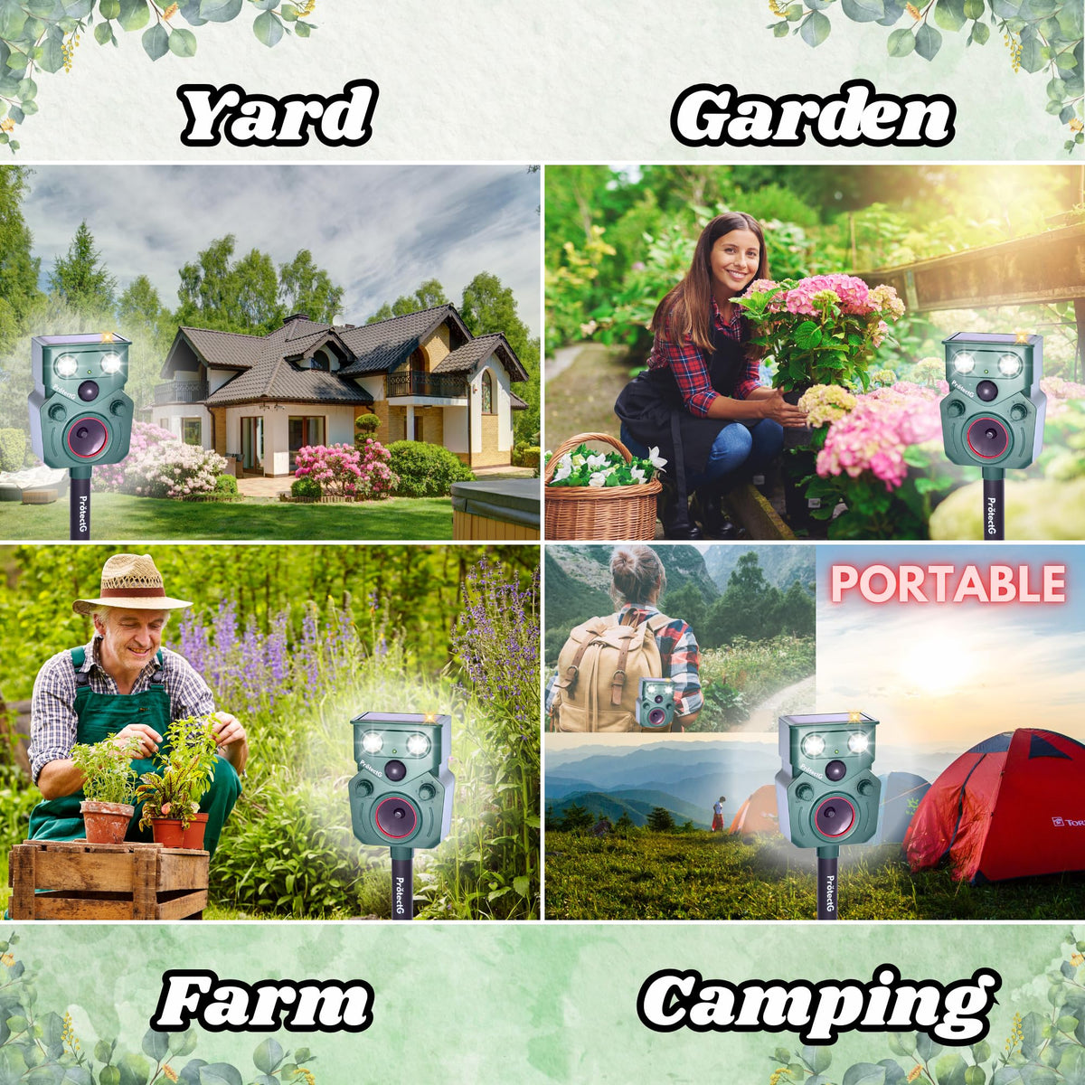 ProtectG Solar Ultrasonic Animal Repellent mounting hardware enables quick wall or fence installation.