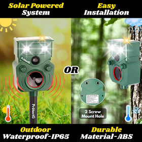ProtectG Solar Ultrasonic Animal Repellent solar panel powering battery for continuous, off-grid protection.