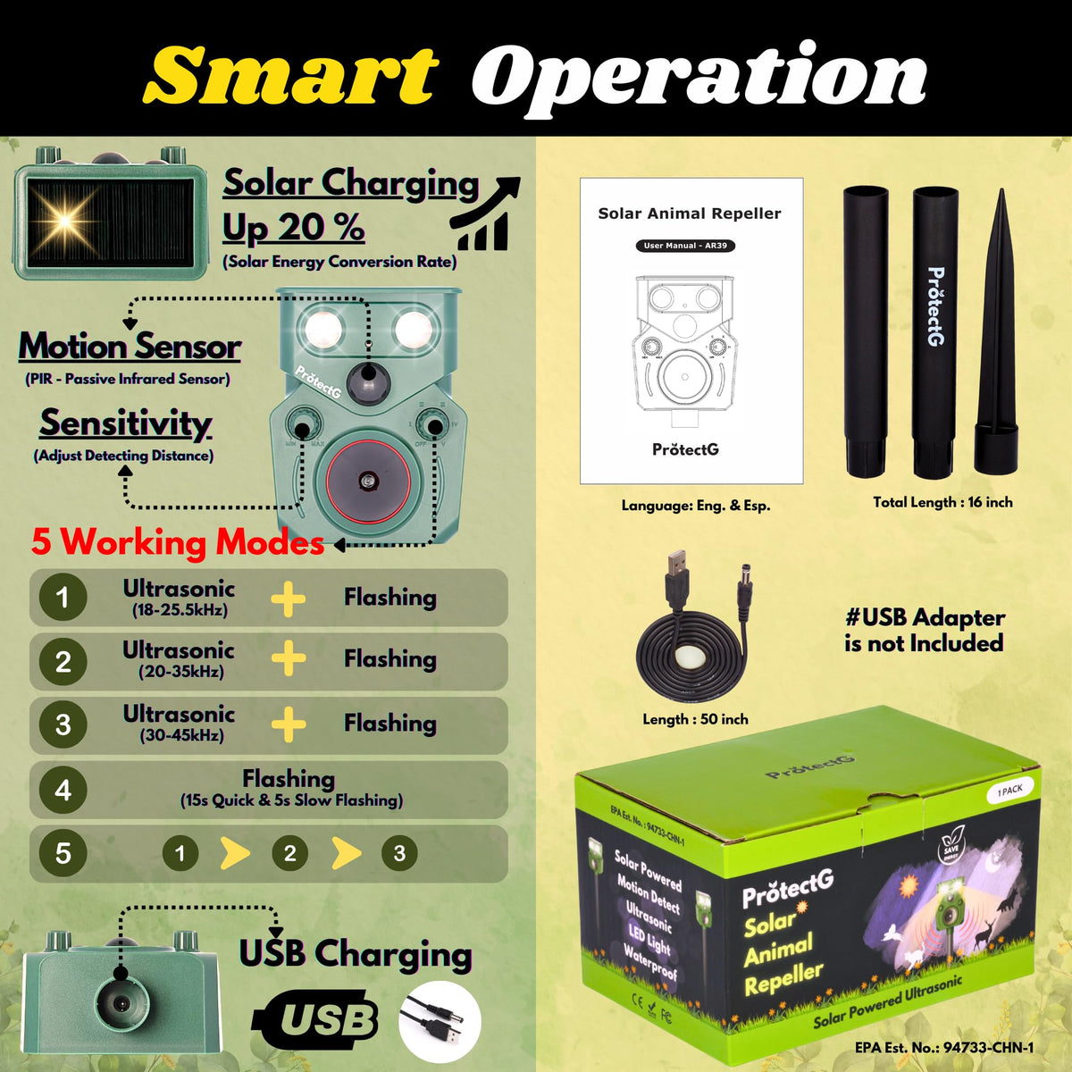 ProtectG Solar Ultrasonic Animal Repellent weatherproof body withstands rain, snow, and heat.