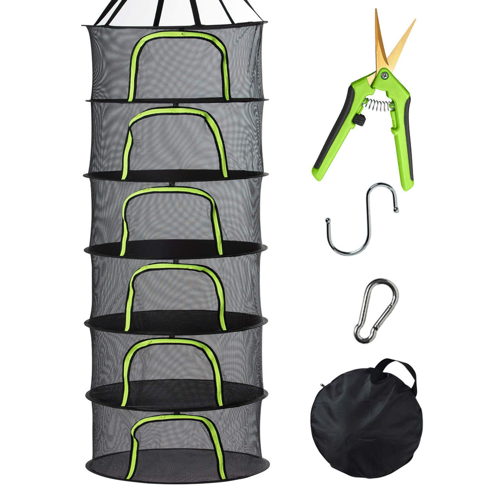 PROTITOUS 6-tier black mesh drying rack in a grow tent promotes efficient herb airflow.
