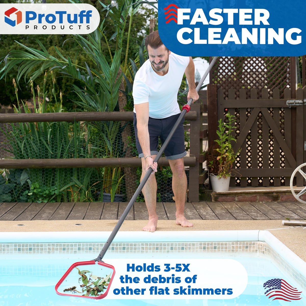 ProTuff Skimmer Net with raised rim aids efficient surface debris removal
