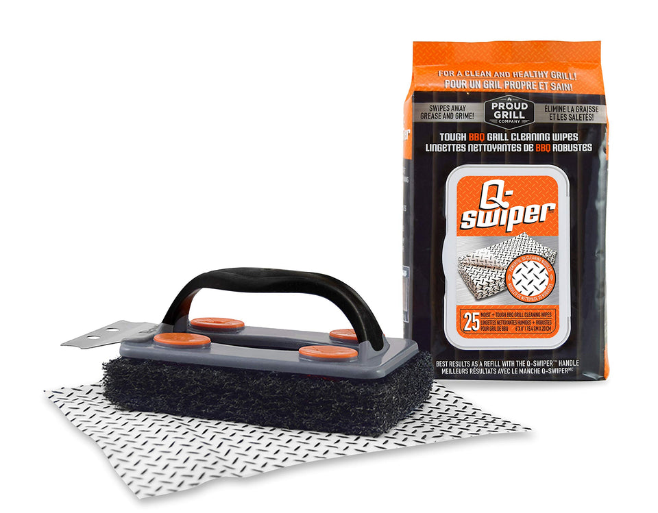 Proud Grill Q-Swiper brush with scraper cleans grill grates safely and efficiently