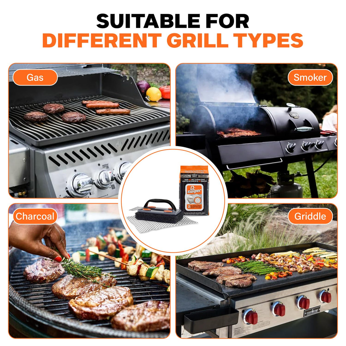 Q-Swiper safely cleans grill grates and griddle surfaces on various grills
