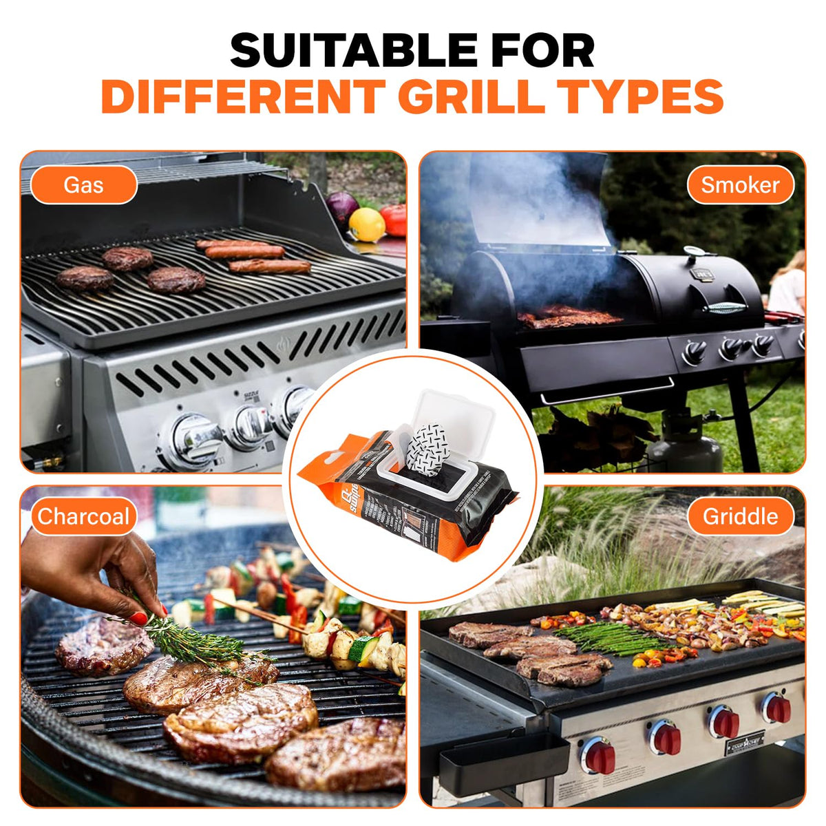 Using Proud Grill Q-Swiper on grill grate to lift stuck-on residue.
