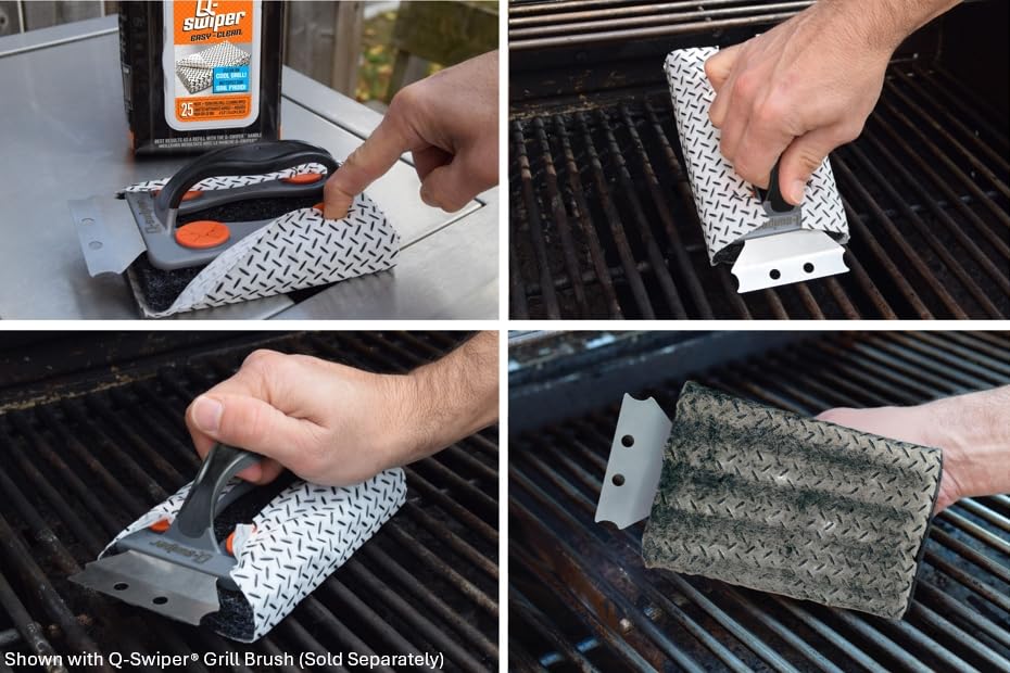 Heavy-duty degreaser action of Proud Grill Q-Swiper on greasy grates.