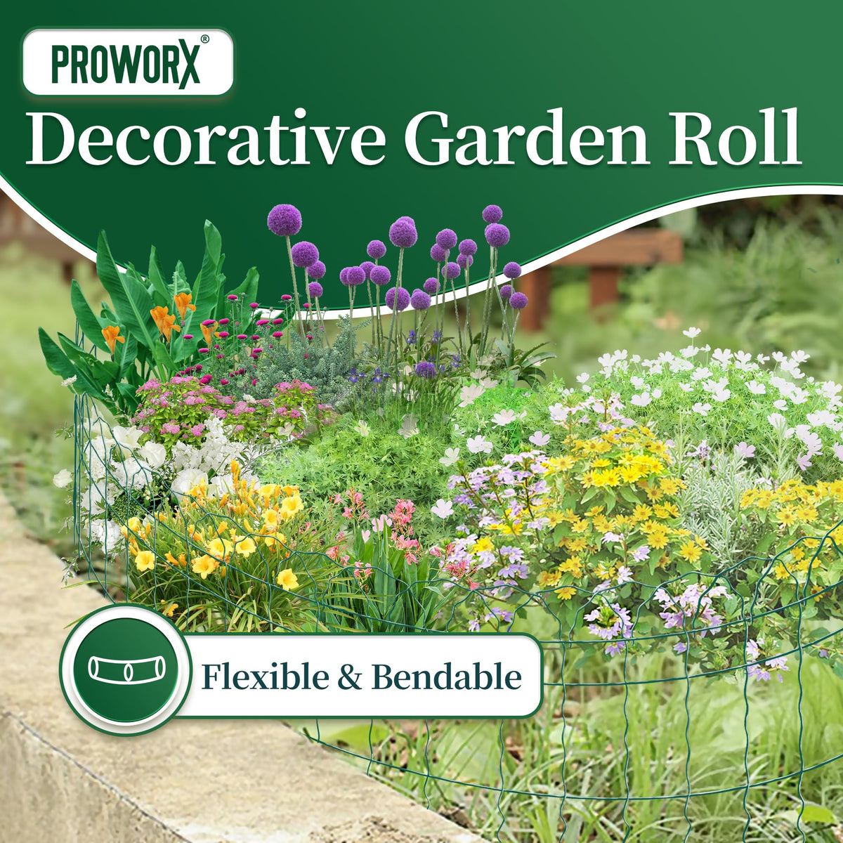 PROWORX green garden fence border roll laid out for clean lines.