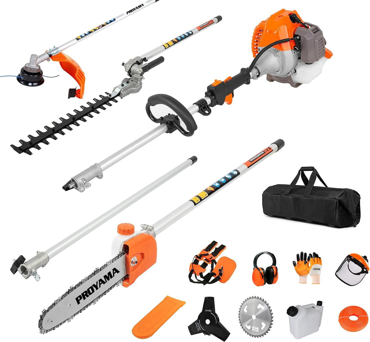 PROYAMA 5 in 1 gas trimmer set in action for versatile yard maintenance.