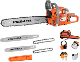PROYAMA 62cc chainsaw engine powering heavy wood cutting for yards and workshops