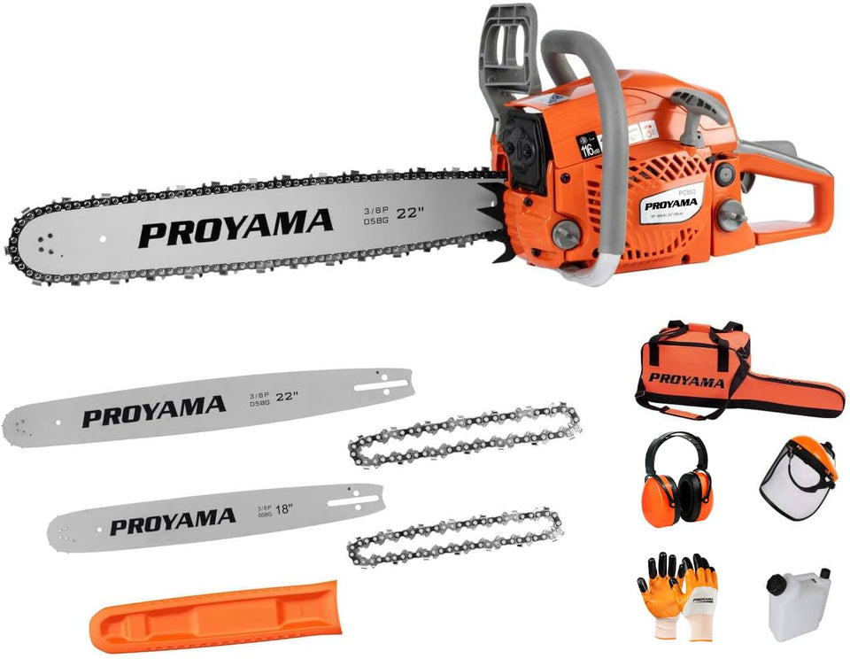 PROYAMA 62cc chainsaw engine powering heavy wood cutting for yards and workshops