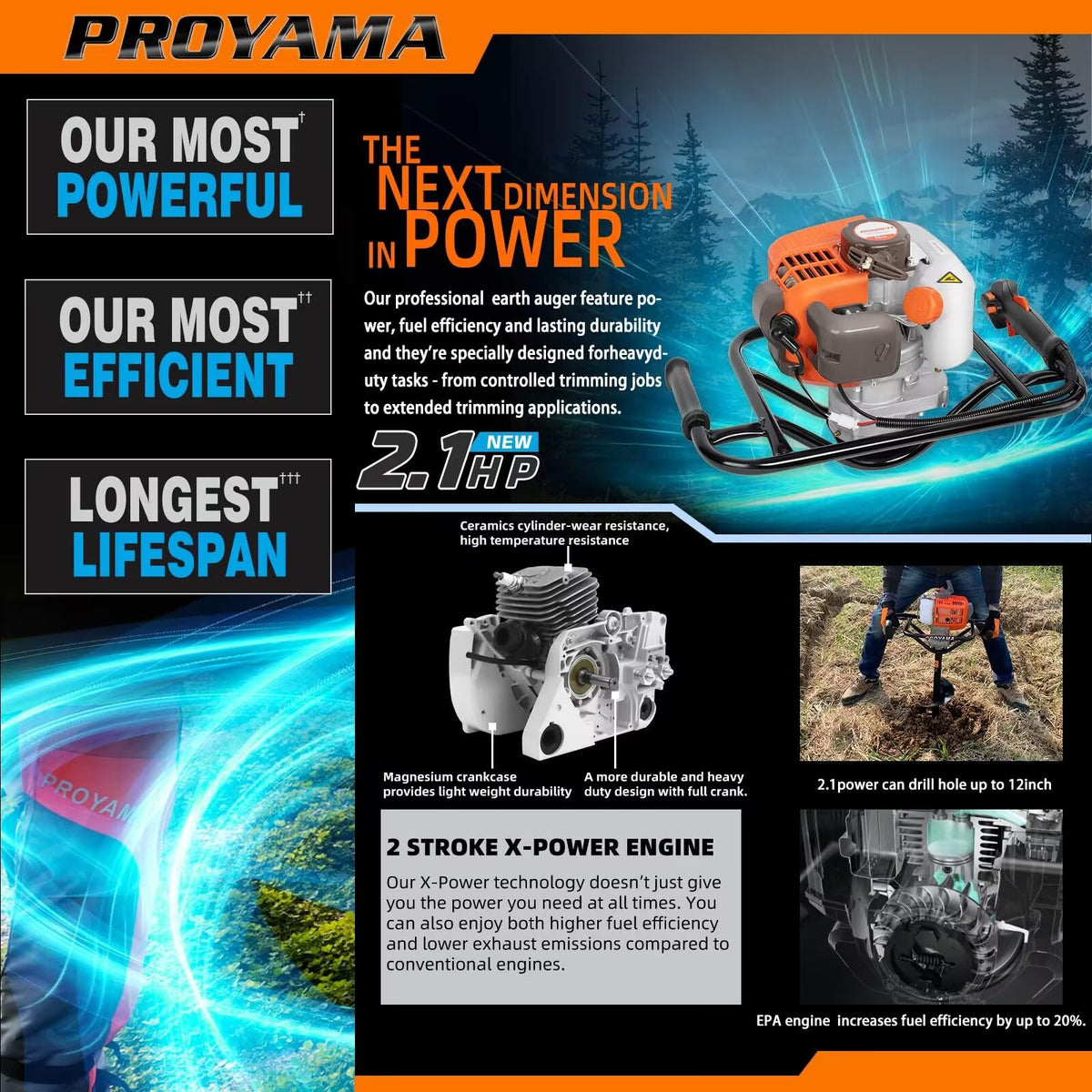 PROYAMA four drill bits 4, 6, 8, 12 inch ready for varying depths.
