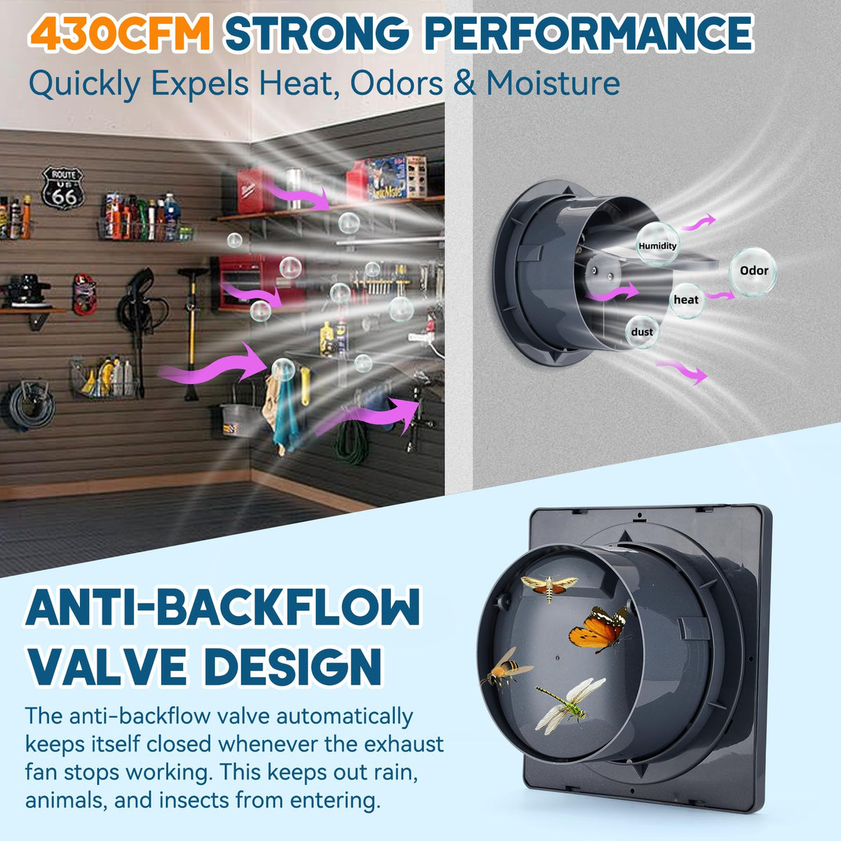 Prozilon anti-backflow valve detail helps prevent insects and debris when the fan stops.