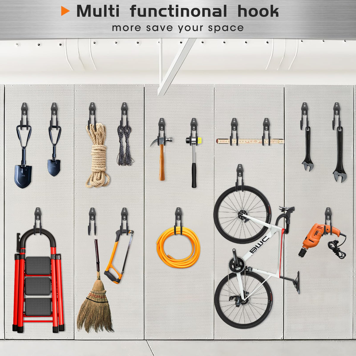 Pruite two-pack hose hanger installed in outdoor storage area