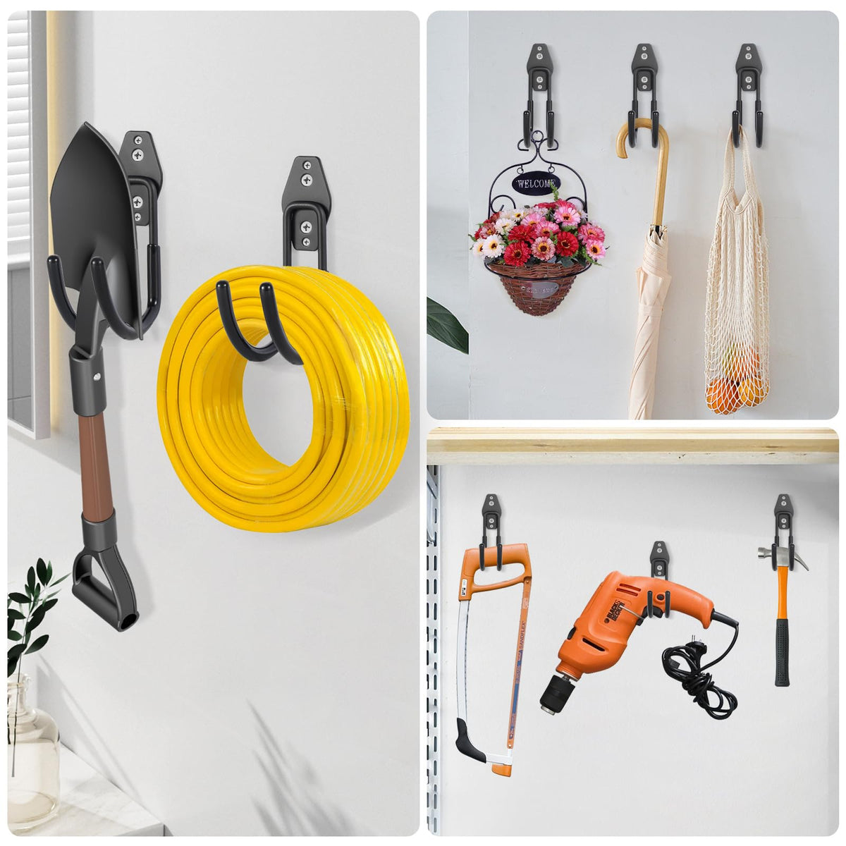 Pruite heavy-duty bracket keeps hoses, shovels and ladders neatly