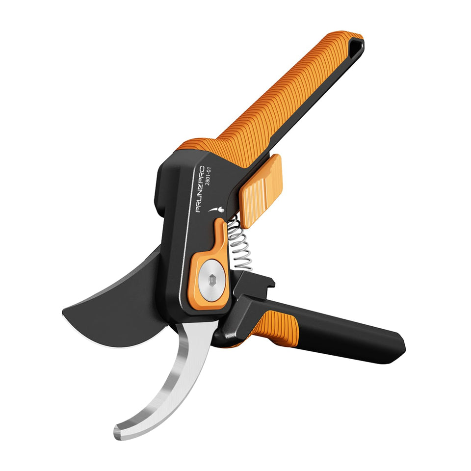 PrunePro pruning shears blade close-up emphasizes sharp German stainless steel for clean cuts.