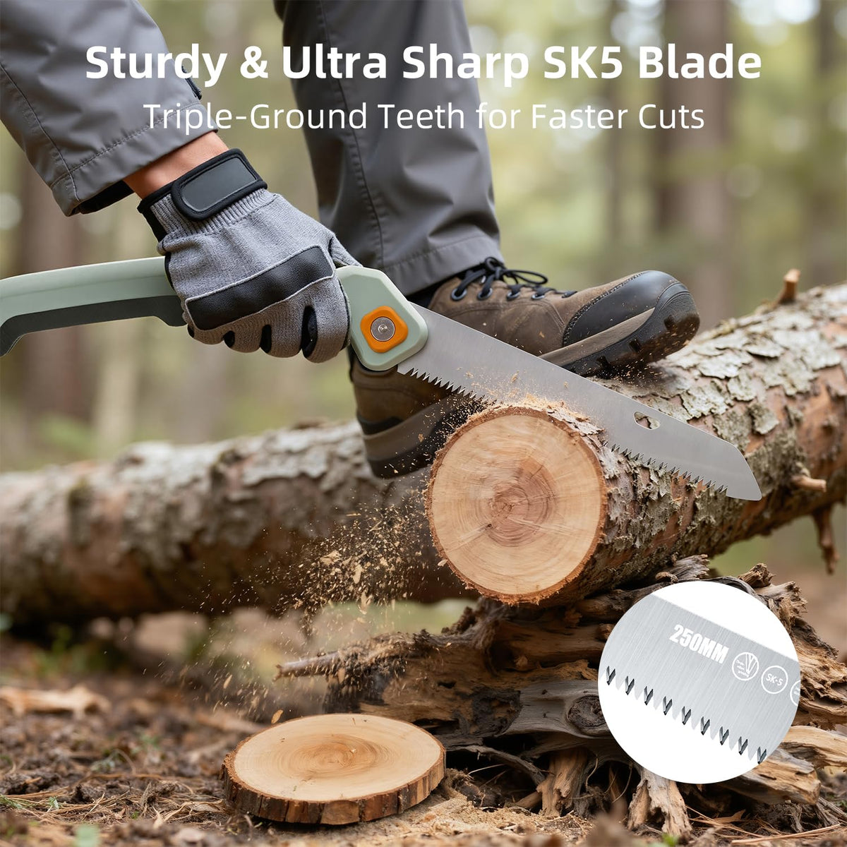 Angle-system shown with three locks for accurate cuts in tight branches.