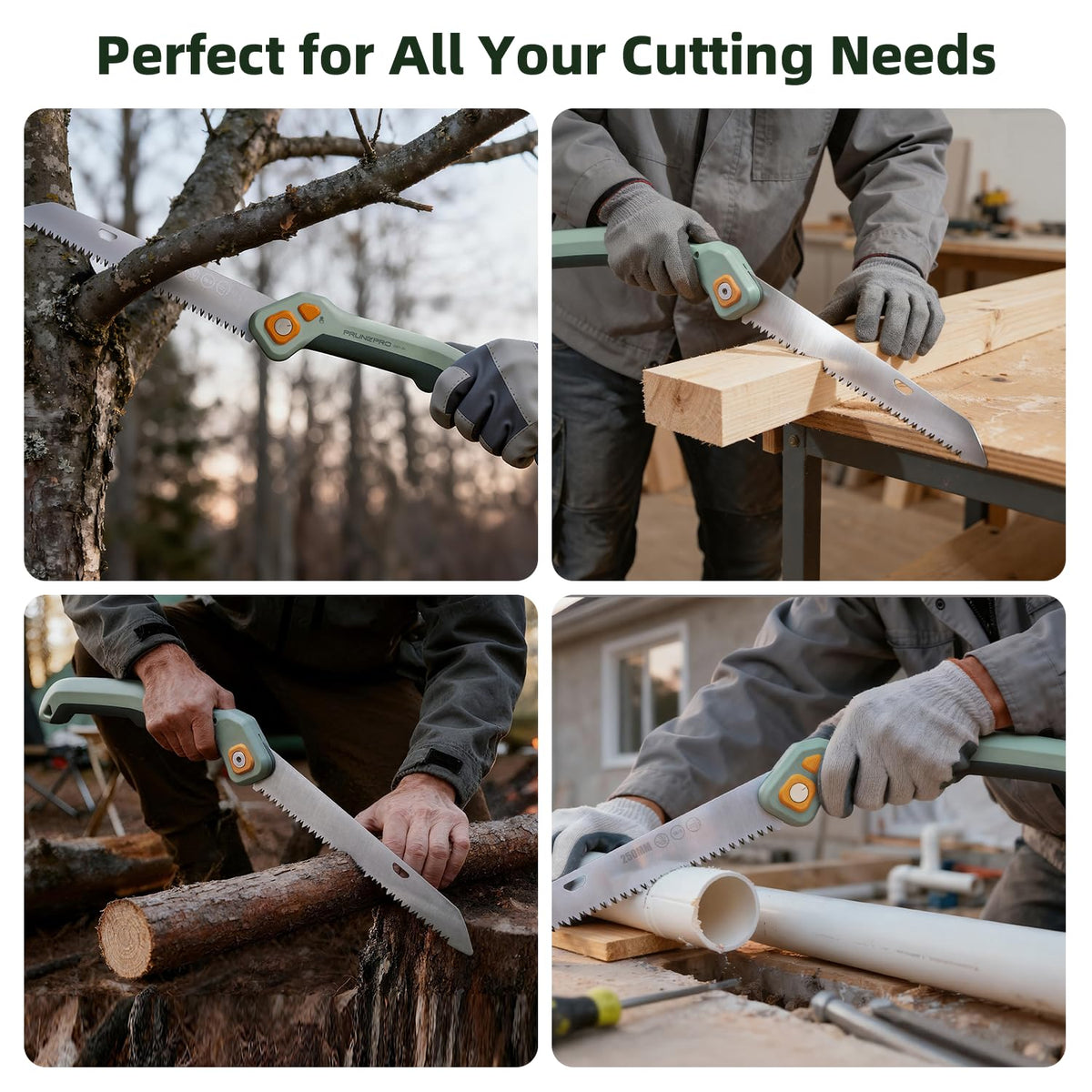 Outdoor scene shows practical pruning and quick firewood prep.