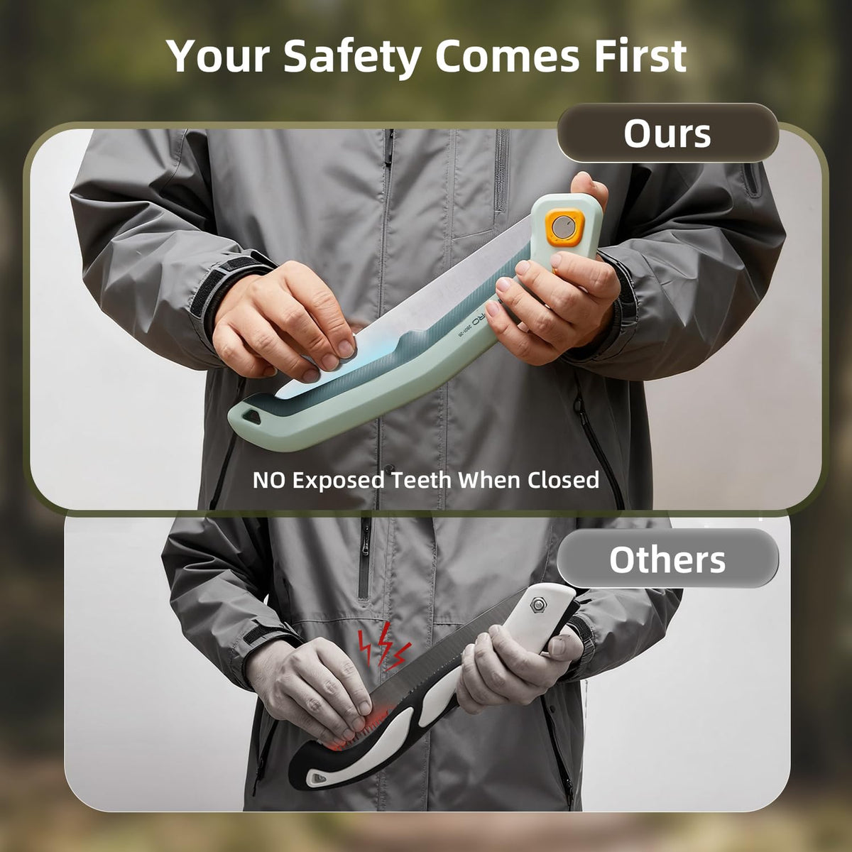 Teeth safely covered when folded for safe storage.