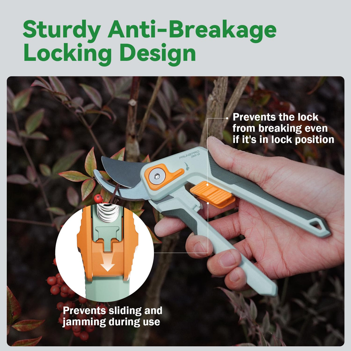 PrunePro pruning shears ergonomic rubber grip minimizes fatigue