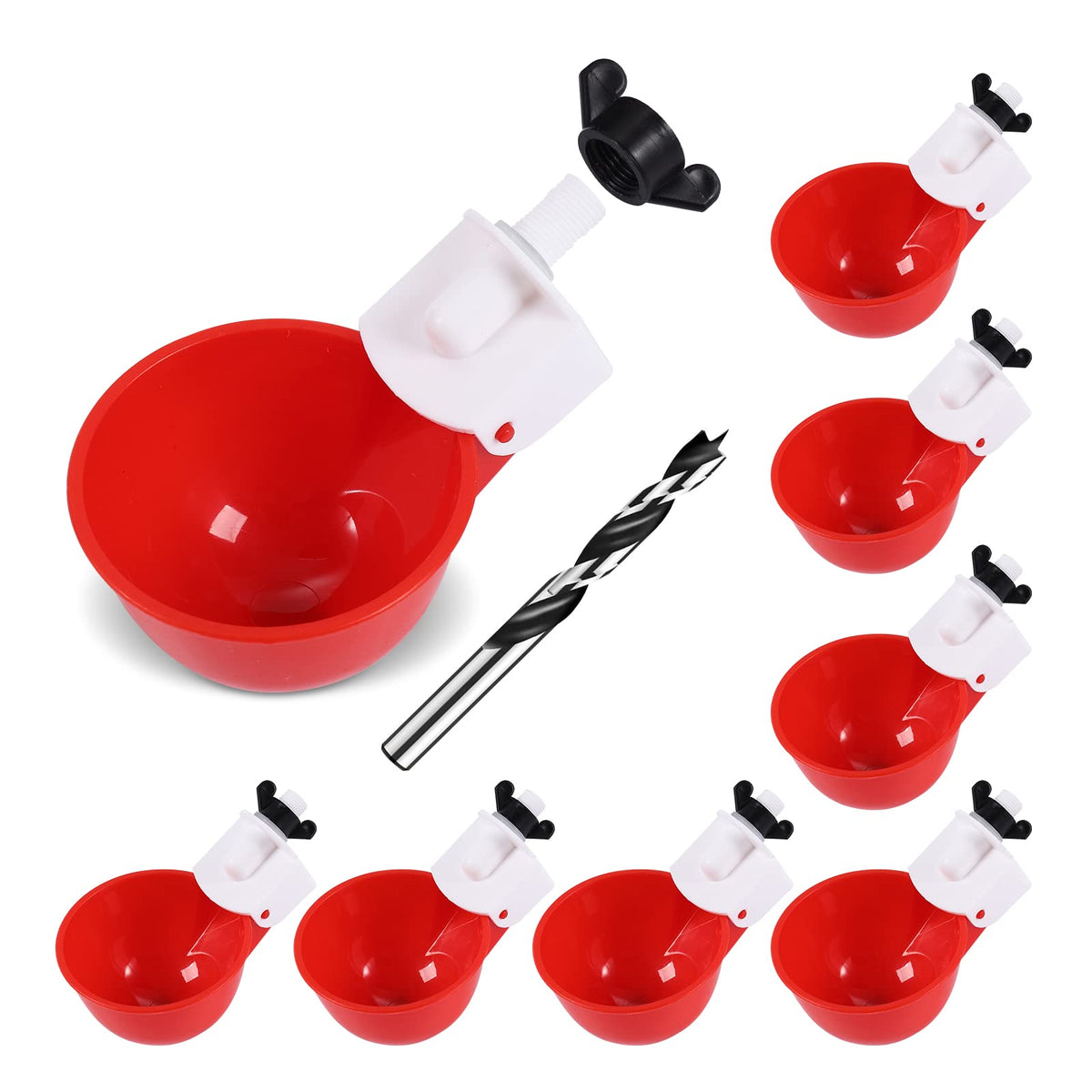 Psarnuk chicken waterer cups front view shows eight-pack red design for reliable flock hydration