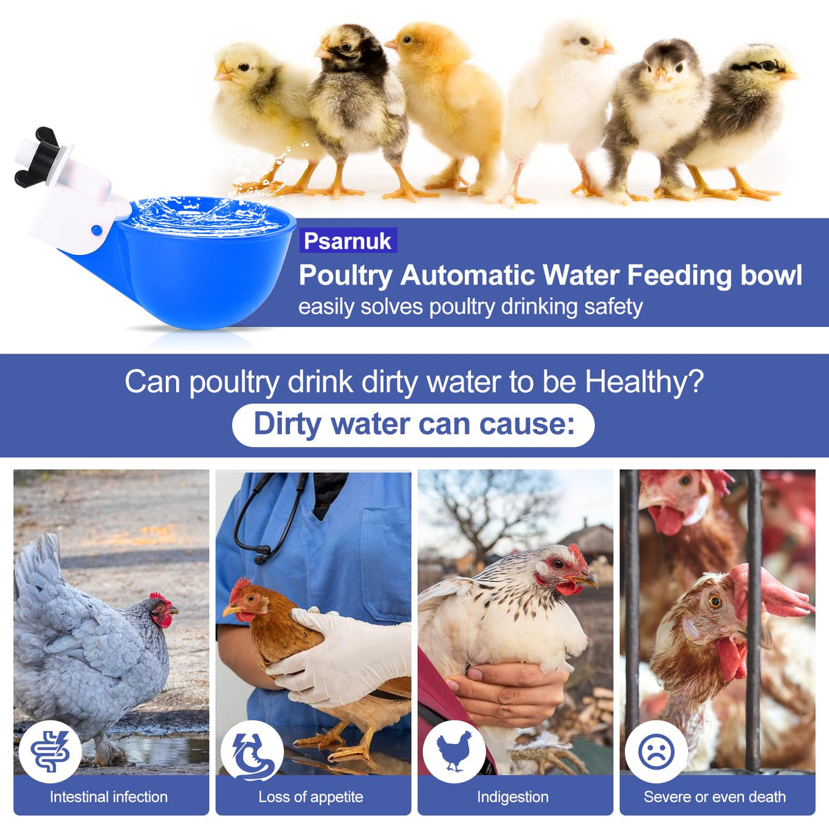 Psarnuk waterer cups blue side view, easy setup for bucket-fed flocks.