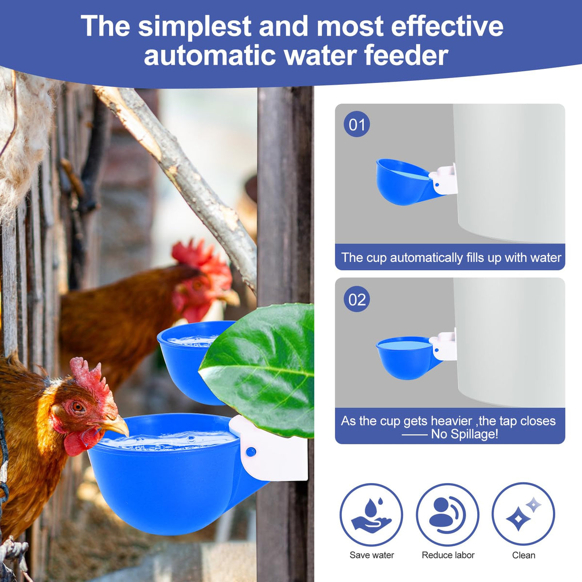 Psarnuk waterer cups top view, leak-proof dual seals for a dry coop.
