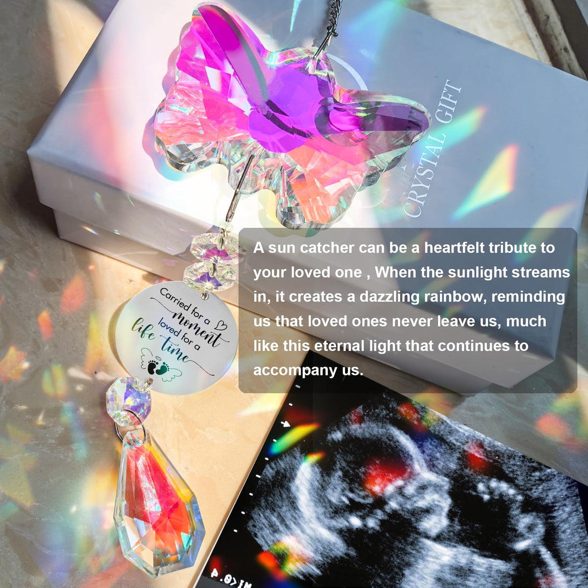 Ptcrut Butterfly Suncatcher hangs easily with stainless steel hooks and chain.
