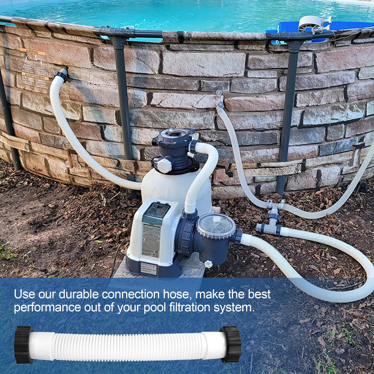 Pulems replacement hose supports saltwater and sand filter systems for versatile use.