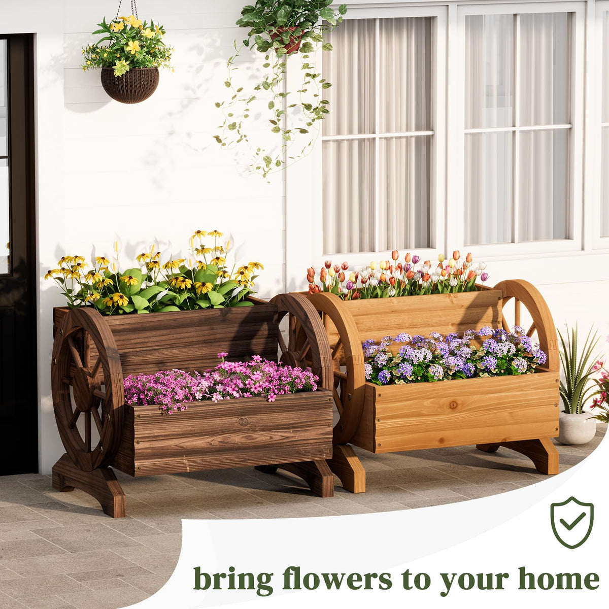 PULIJIAJU wooden wagon planter box in garden ready for flowers and herbs