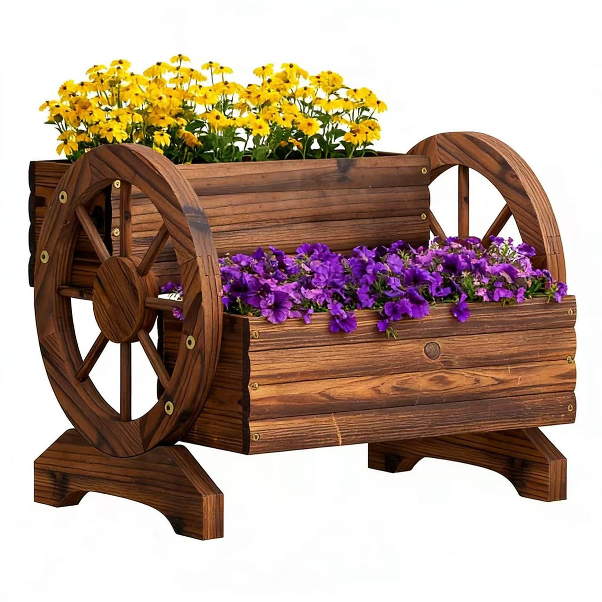 PULIJIAJU wooden wagon planter cart front view with sturdy wheels for outdoor display