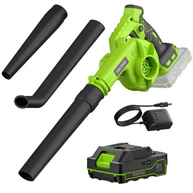 Pulituo leaf blower with battery powers quick cleanups on patios and lawns.