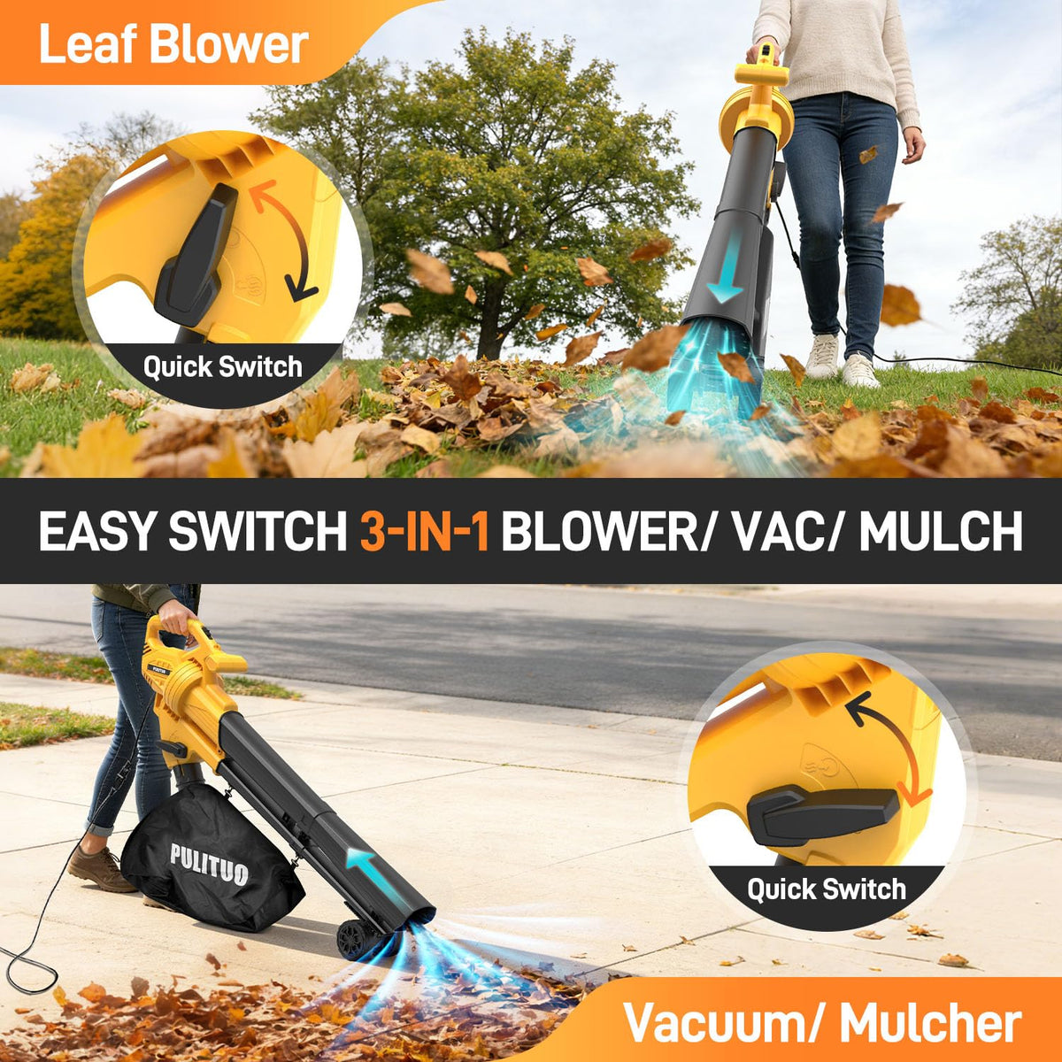 PULITUO leaf vacuum bag in use with 12 gal capacity for extended cleanups.