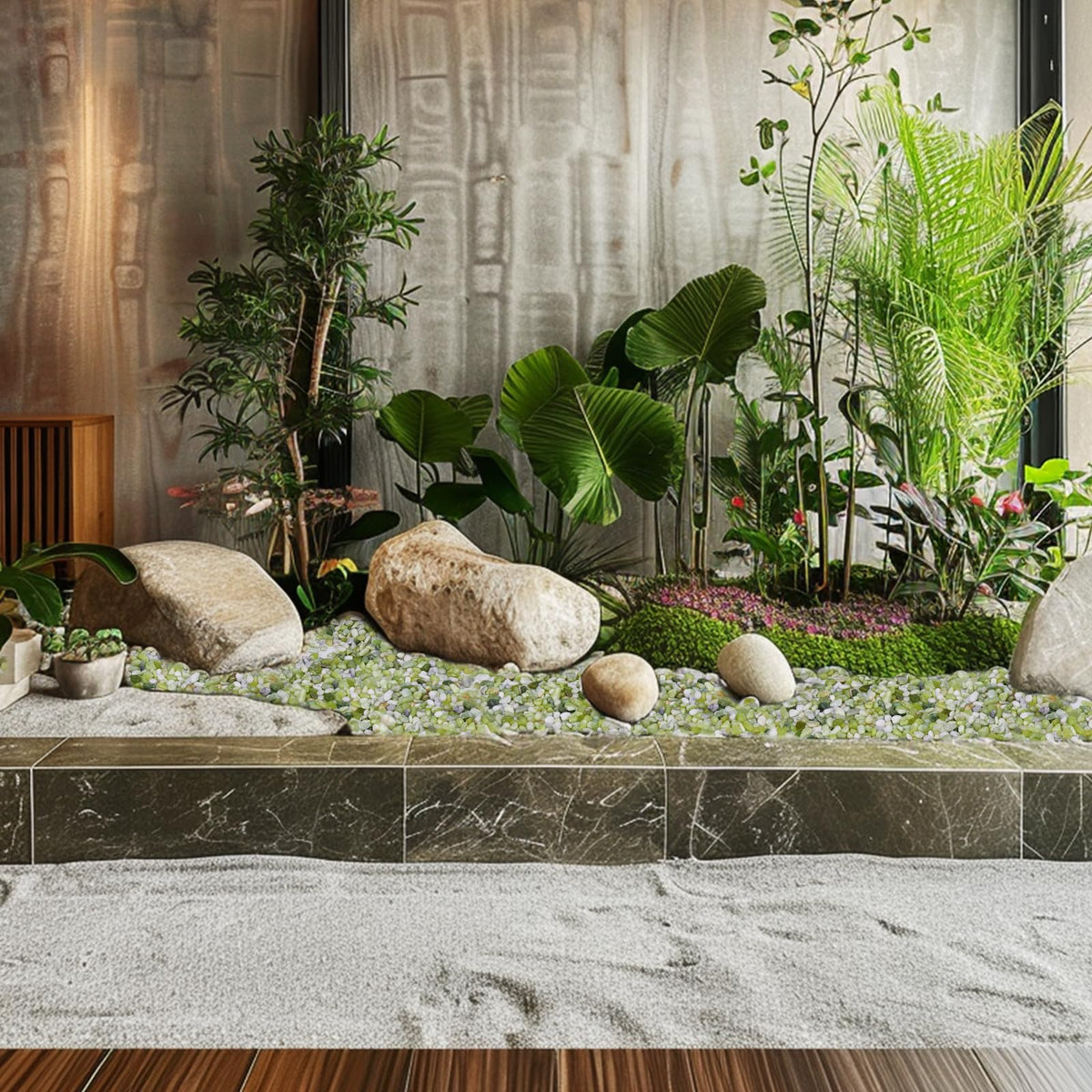 Pulovin jade pebbles lining a walkway for subtle shine