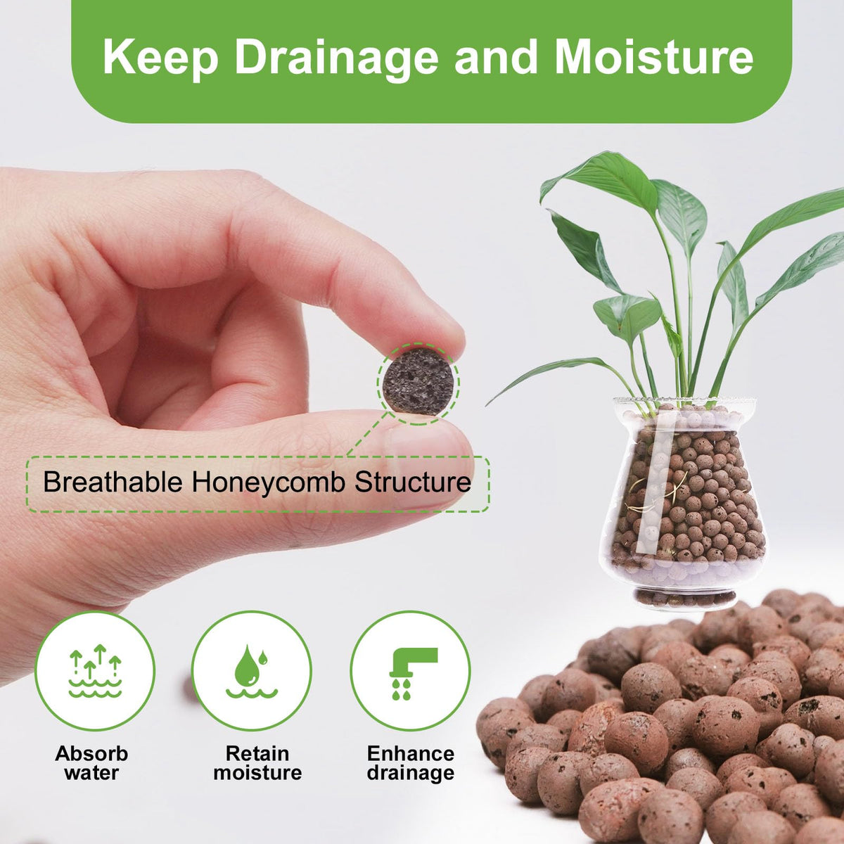 Pulovin LECA pebbles in indoor garden support drainage and moisture balance.