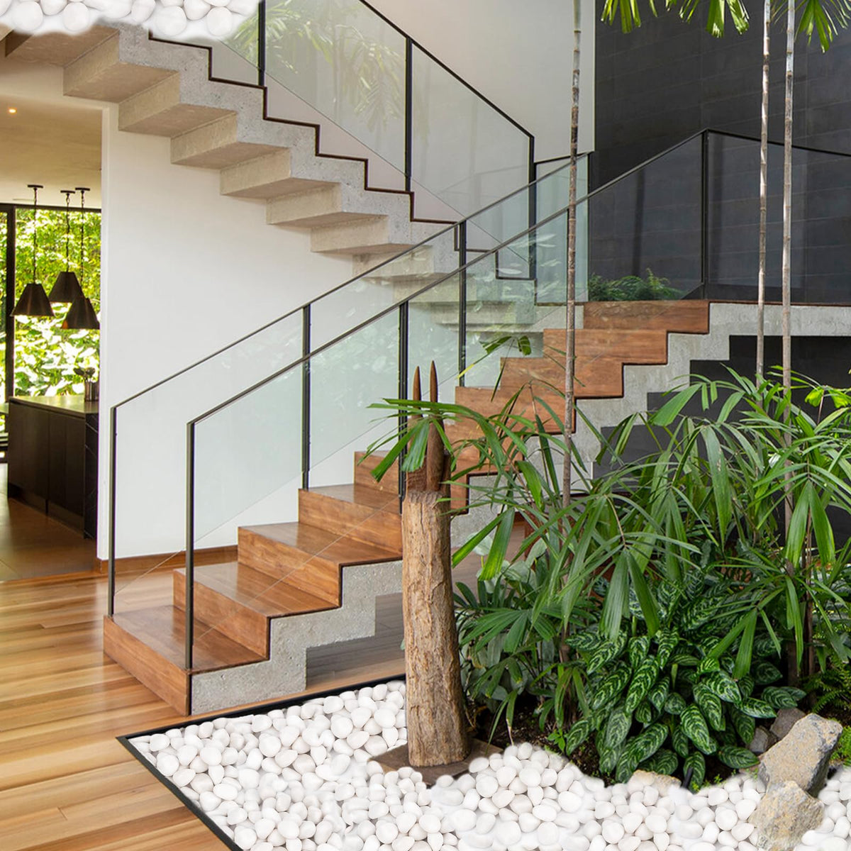Pulovin white stones accenting a landscaped yard and flower bed