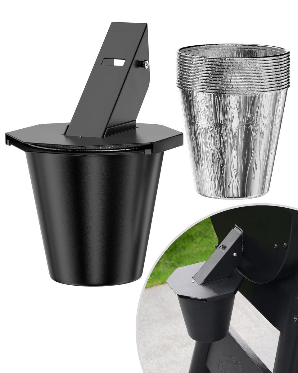Pumdut grease bucket with secure lid attachment for spill-free grilling