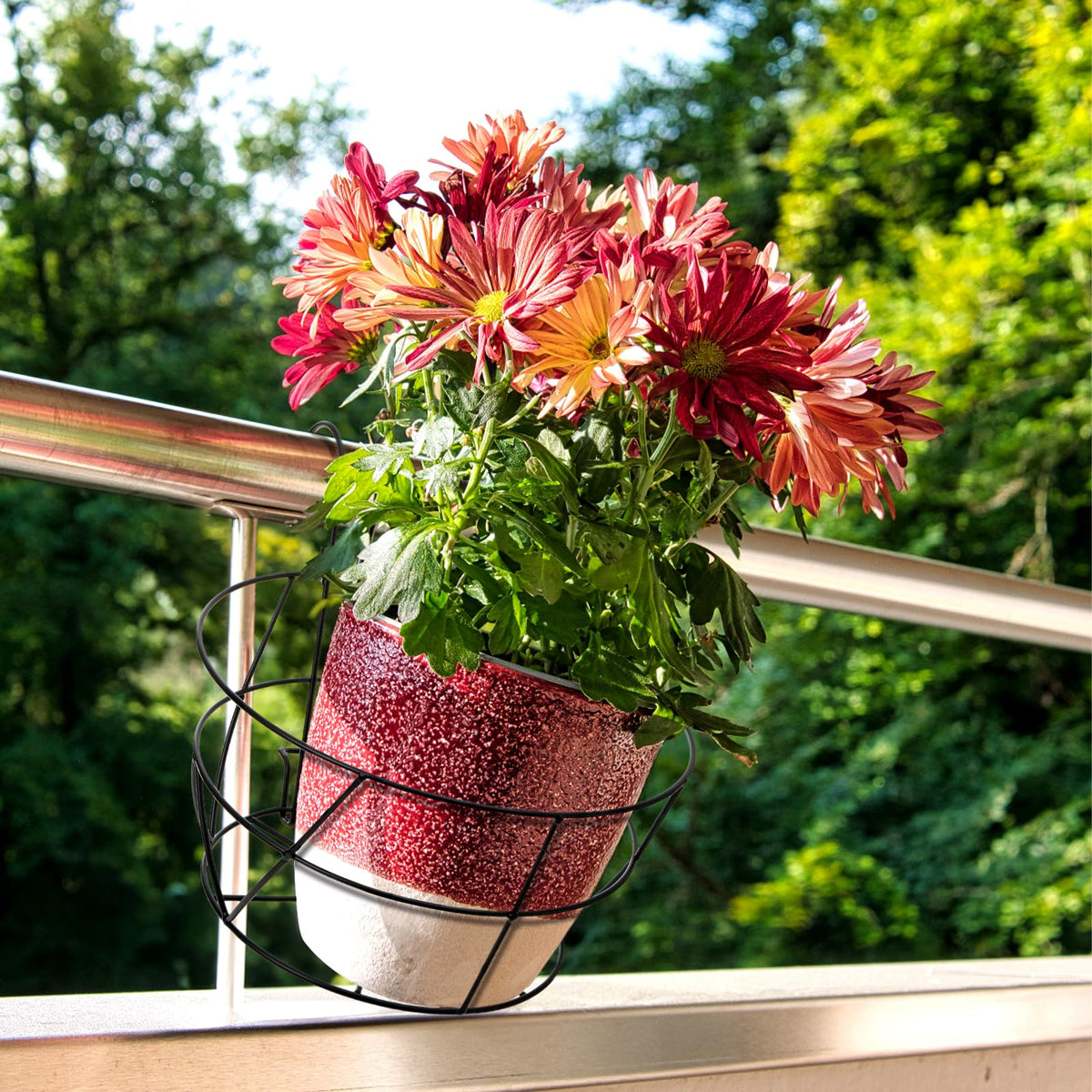 Pumtus black balcony planter on a rail adding vibrant greenery to a porch