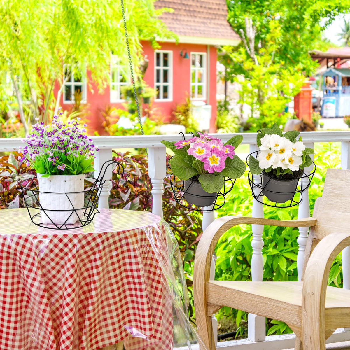Pumtus pots on a railing deck setup for year-round outdoor use