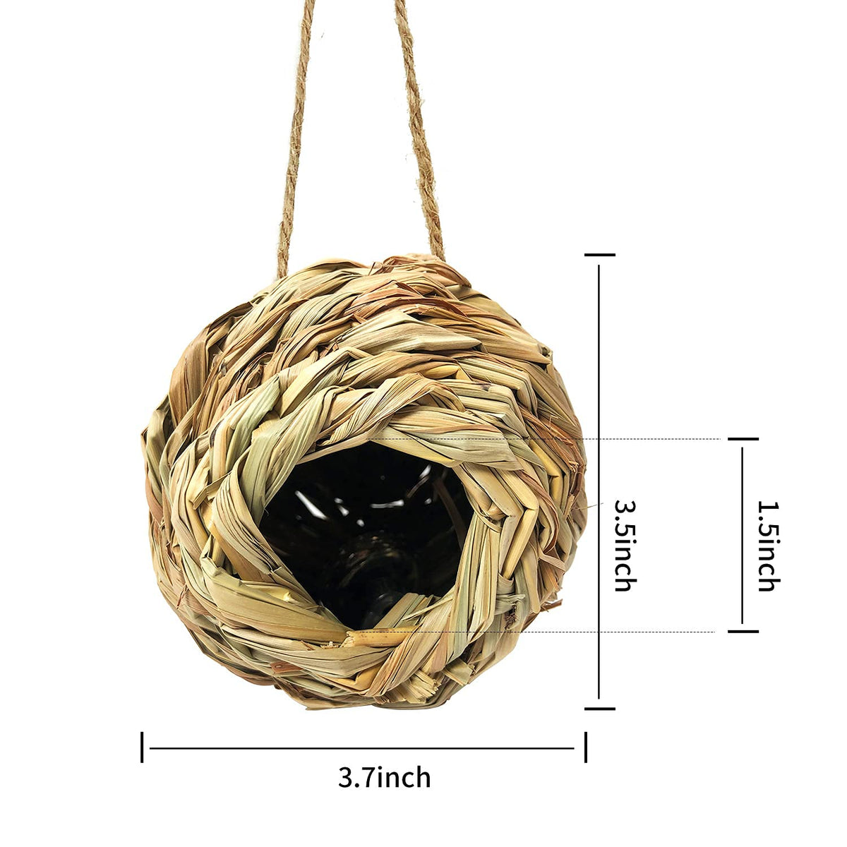 Puninoto grass bird house with hemp rope for hanging.