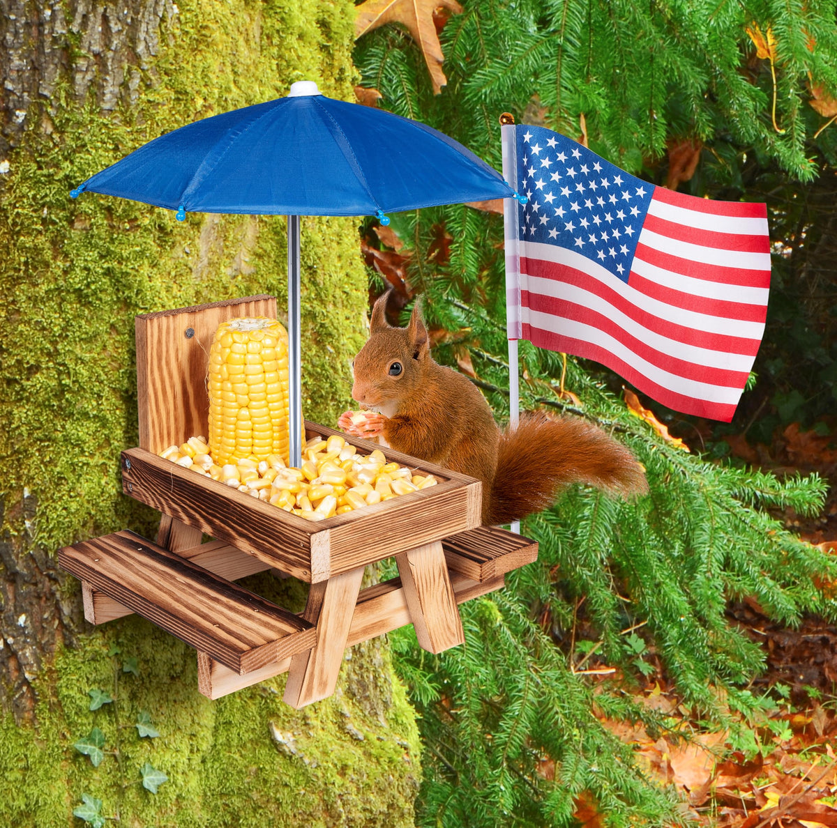 Purcouleur feeder shows colorful umbrella shade while squirrels dine outdoors