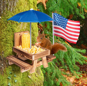 Purcouleur feeder shows colorful umbrella shade while squirrels dine outdoors