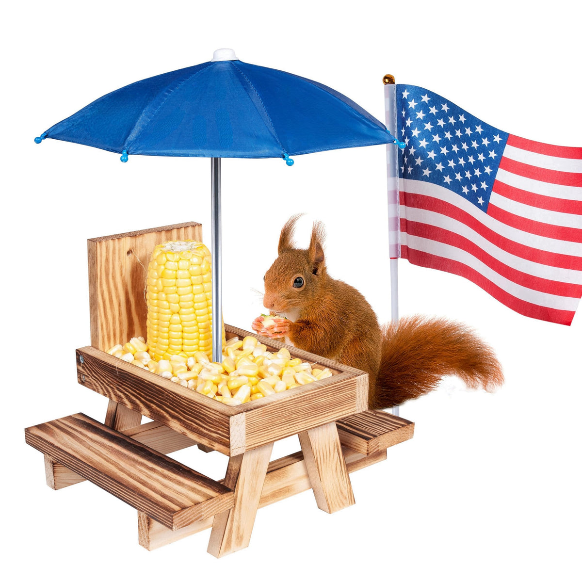Purcouleur Squirrel Feeder picnic table with umbrella ready for backyard wildlife watching