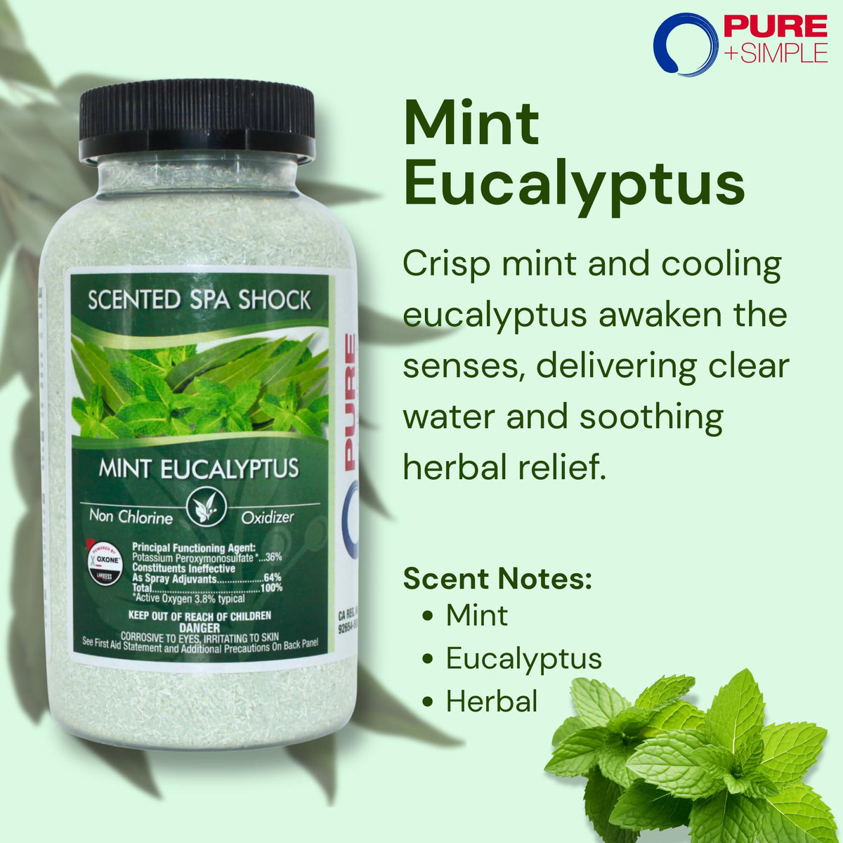 Pure and Simple eucalyptus spa shock bottle-back with usage notes