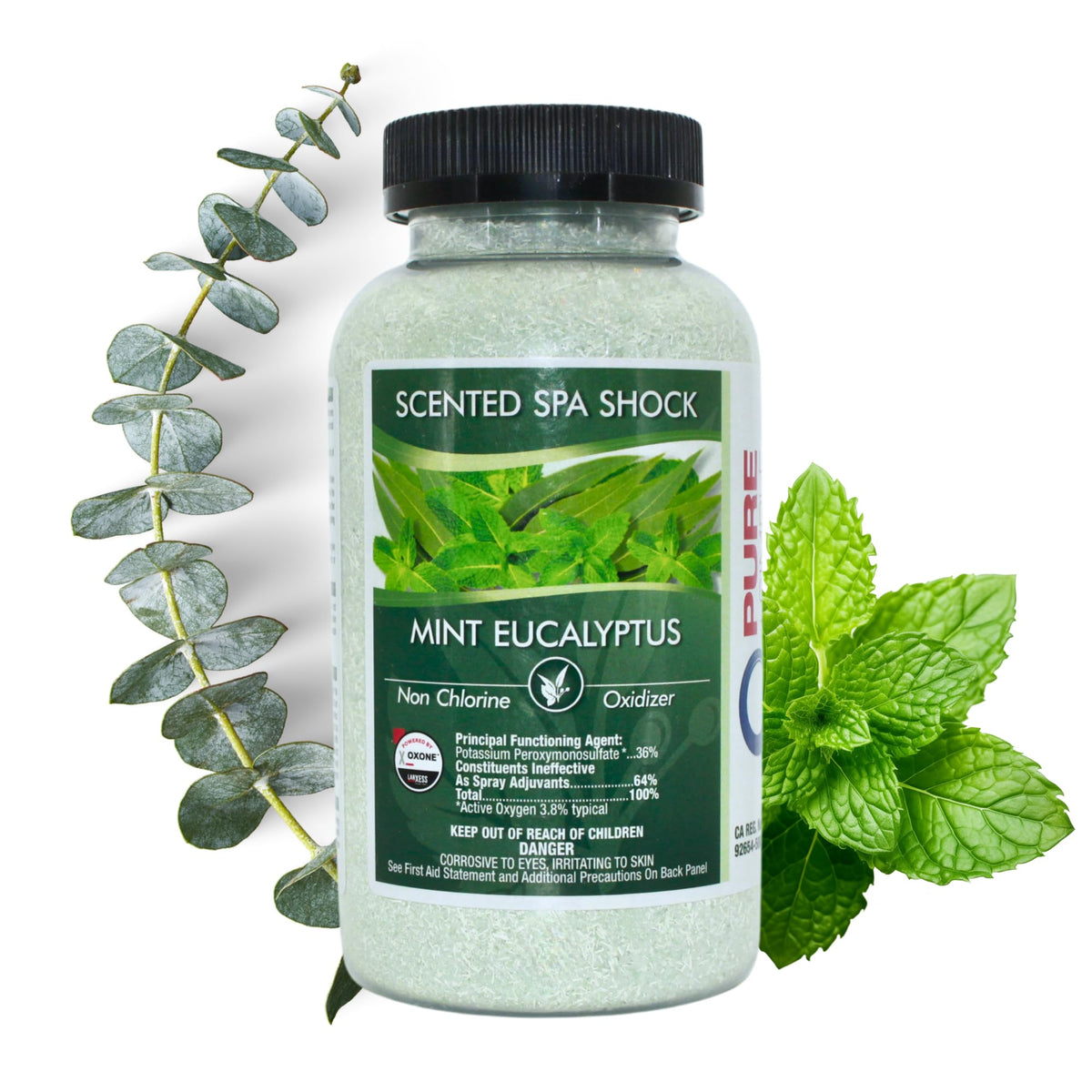 Pure and Simple eucalyptus spa shock bottle-front shows product branding for quick spa care