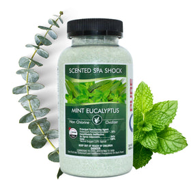 Pure and Simple eucalyptus spa shock bottle-front shows product branding for quick spa care