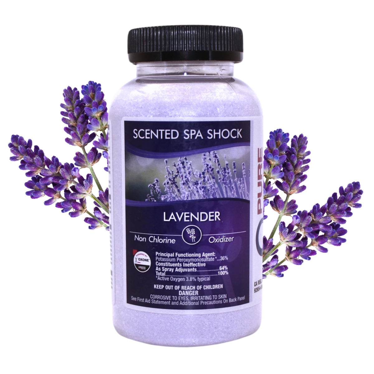 Pure and Simple Lavender Spa Shock bottle showing fast-dissolve formula for quick spa care