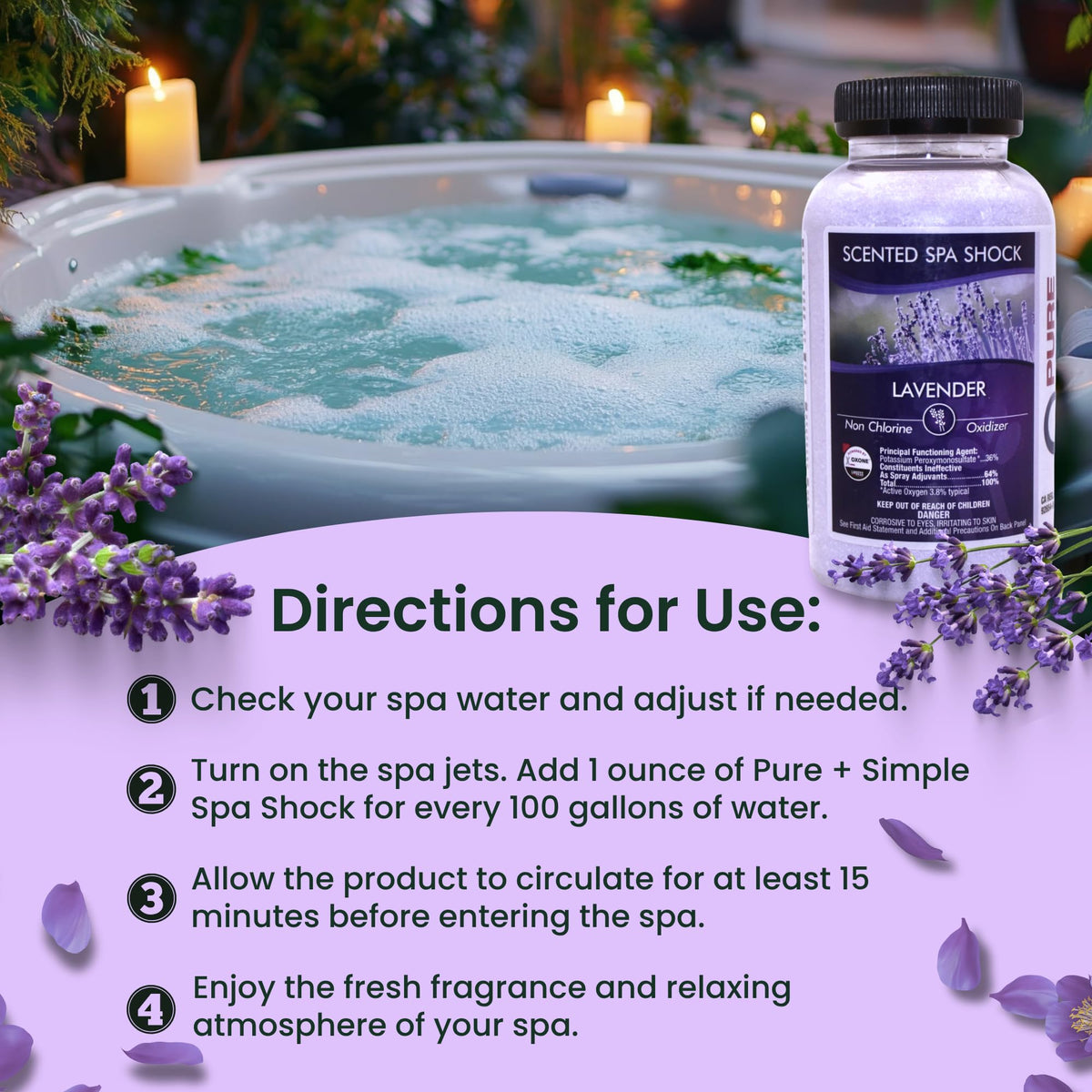Pure and Simple Lavender Spa Shock compatible with bromine and chlorine systems