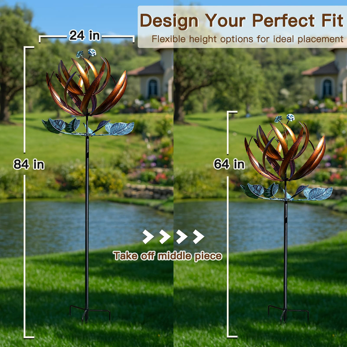 Metal garden windmill in antique bronze adds classic outdoor charm.